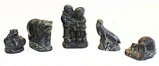 5 Wolf Originals Canadian Inuit style sculptures, igloo is repaired, ht 1.5” - 4.5”