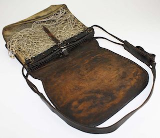 Fowler's bag- canvas, leather, & net, length 12” x 15”