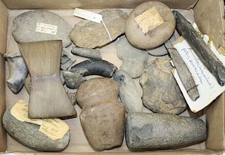 North American Native American lithic & pottery pcs incl axe head, pestle grindstone, bannerstone (w
