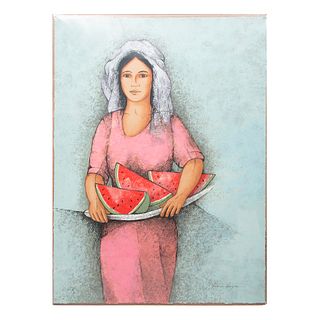 ANTONIO GALVÁN DUQUE (Ciudad de México, 1956 - ) Mujer con sandías. Firmado Serigrafía XXIX/L 76 x 56 cm