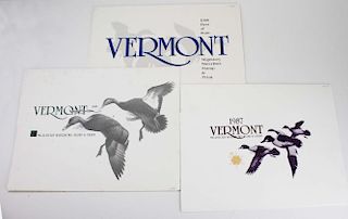 3 Vermont duck stamp prints and stamps in original folders. 1986, 1987 and 1988.