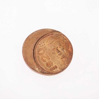 Moneda de 20 pesos de bronce 1989. Error doble golpe. Peso: 5.8 g.
