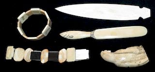 5 Inuit bone & walrus tusk carved pieces including bracelets, figure, letter opener, spreader, lengt
