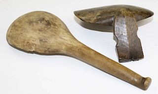 2 carved wooden paddles, MicMak & Iroquois, lengths 7”, 10”