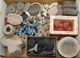 SW pottery shards, glass beads, & charred corn & beans excavated from a trash pit near Tucson, AZ