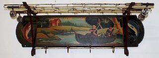 Decorative metal and scenic paint decorated fishing pole coat rack.
