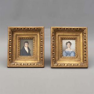 ANÓNIMO. Retratos de dama y caballero. Óleo sobre marfilina. Enmarcados. 23 x 20 cm Piezas: 2