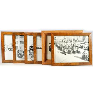 14 Framed Images of Antique Vehicles and a Reproduction Boyce MotoMeter ad.
