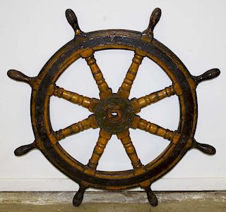 19th c ship's wheel, wood & steel, in old paint, dia 36”