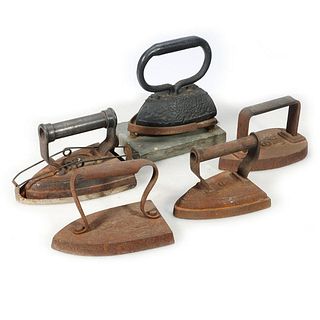 SAD Irons: J A number 6; M C 6; 10 700 K with tin base cover; number 6; no marks; trivet with stone base