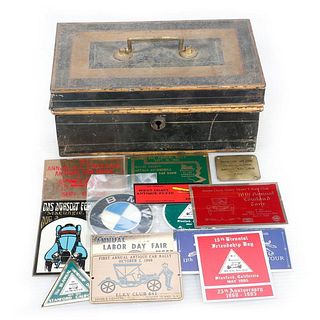Miscellaneous Award Badges and Ribbons in a tin box.