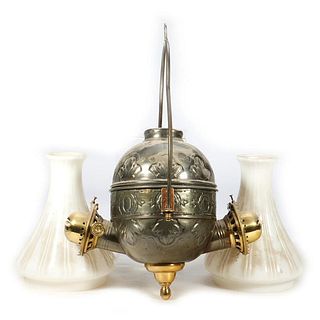Angle Lamp Company double burner kerosene ceiling lamp with some glass