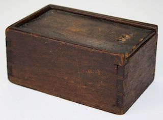 19th c dovetailed wooden slide top box w/ old note: “Bobby This is your great great grandfather's di