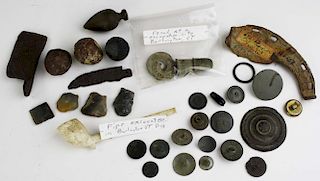 excavated 19th c buttons, cannister shot, gunflints, pipes, silver coin, etc., some pcs identified a