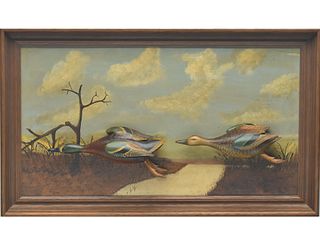 Very rare flying bluewing teal diorama, Charles Perdew, Henry, Illinois.