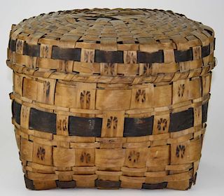 Mid-19th c NE Woodlands potato stamp decorated covered storage basket, probably Massachusetts, some