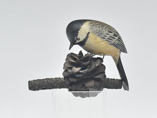 Full size decorative chickadee on pinecone base, Elmer Crowell, East Harwich, Massachusetts.