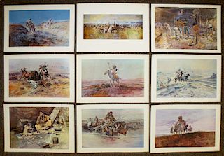 9 C. M. Russell color prints published by the Montana Historical Society in 1964, each 18” x 24.75”