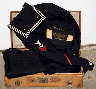 1940's US Navy uniform- sailor's jacket, pants, & cap, along with whites, ankle guards, & satchel/ s