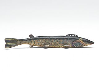 A very rare and early style pike fish decoy, Oscar Peterson, Cadillac, Michigan, 1st quarter 20th century.