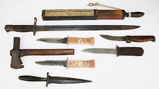 Early dagger, sheath knives, bayonet, hatchet- 7 pcs, lengths 9.5”- 21.75”