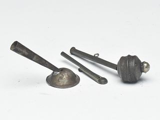 Group of three shorebird whistles, including one pan style, last quarter 19th century.