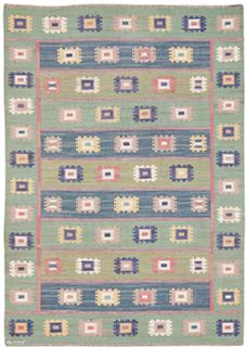 Vintage Märta Måås-Fjetterström featured Grön äng Flat Weave Carpet, Sweden, 1873-1941, signed AB MMF 9 ft 6 in x 6 ft 9 in (2.89m x 2.05m)