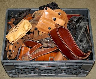 box of leather holsters, gun belts pouches etc