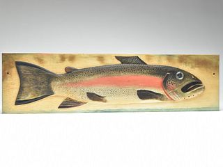 Very rare and exceptionally well carved fish plaque of a rainbow or cutthroat trout, Oscar Peterson, Cadillac, Michigan.