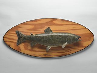 Carved wooden lake trout, Lawrence Irvin, Winthrop, Maine.
