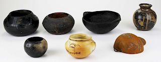 6 Southwest Native American pottery pcs, including signed examples, Hopi, San Ildefonso w/ handles,