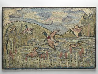 Group of three waterfowl related hooked rugs.