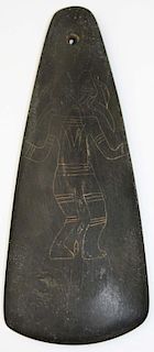 Southwest Native American polished stone amulet w/ scratch carved human figure, length 5.5”
