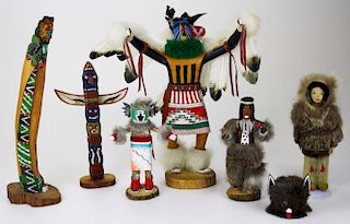 Hopi Kachinas, Northwest Coast carvings, & Inuit doll- 6 pcs, ht 8”- 15”