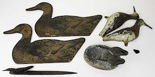 tin shore bird decoy, 2 folding duck decoys, Canada Geese carved group ashtray