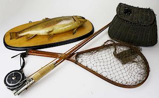 bamboo fly rod, net, creel & trout taxidermy