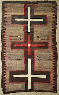 1920's Navajo 4 color blanket w/ crosses & arrows, unusual dark background, corner worn, 35.5” x 55”