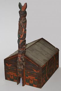 Ca 1890-1910 Northwest Coast Tlingit model lodge house. Totem pole. Lodge constructed from hewn ceda