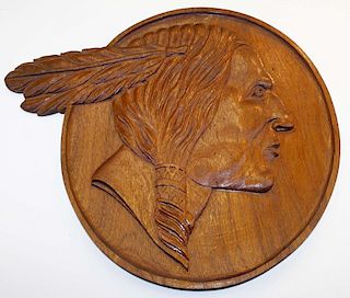 Mid 20th c Pontiac GM plant Michigan employee carved wooden bas relief of company logo- dia 15”
