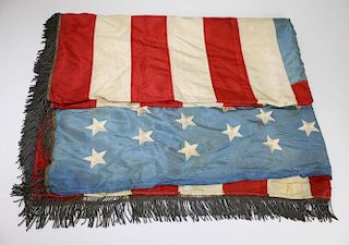 45 star ca 1896-1908 silk United States flag with 3 side gilt tassel fringe. 63"x50".