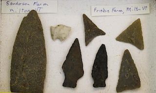 Sanderson & Frisbie farms, Milton, VT, prehistoric lithic artifacts- arrowheads, points including Ar
