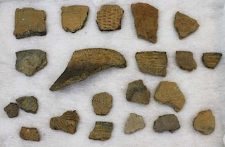 Vermont prehistoric pottery including rimsherds, drag stamped, rocker stamped, & pseudo scallop shel