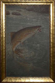 Oil on board speckled trout (brook trout) taking wet fly. Signed Joseph Knowles (Am 1874-1957). 12"x