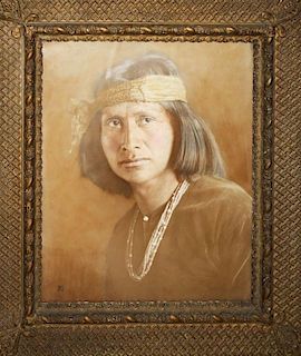 15½"x19½" hand colored photo of Navajo man signed Carl Moon (Karl Moon 1879-1948). Back having over