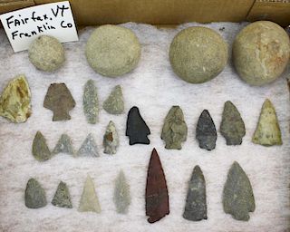 Fairfax, VT prehistoric lithic arrowheads, points, & hammerstones- 24 pcs, 1”- 3.5”