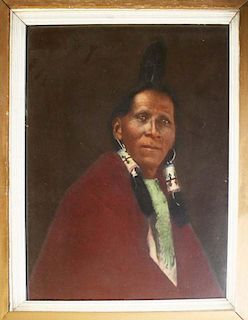Hand colored photo Native American man signed Carl Moon (Karl Moon 1879-1948). Tag "Carl Moon 65 N.