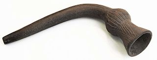 19th c Iroquois flared pottery pipe, length 7.5”