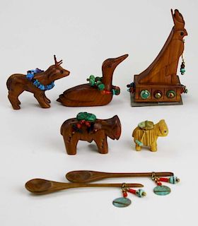 Group of Northwest Coast ceremonial sticks; raven and eagle; mask doll miniatures.