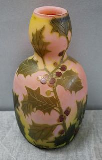 LeGras Cameo Glass Vase with Holly Decoration.