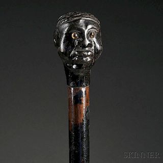 Carved Folk Art Cane Top with Head of a Black Man